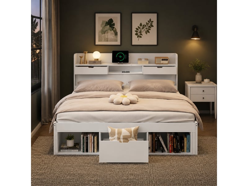  Lit double 140x190 cm avec tiroirs, rangements et ports de recharge, coloris blanc  - Conforama B