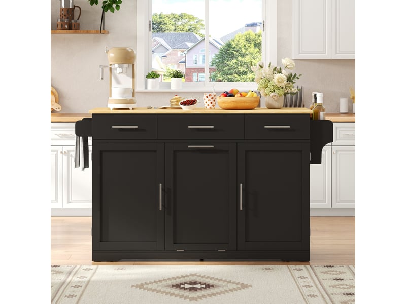  Desserte de cuisine à plateau rabattable avec 3 tiroirs, prises et roulettes, en mdf noir et naturel 136 × 75 × 92 cm  - Conforama B