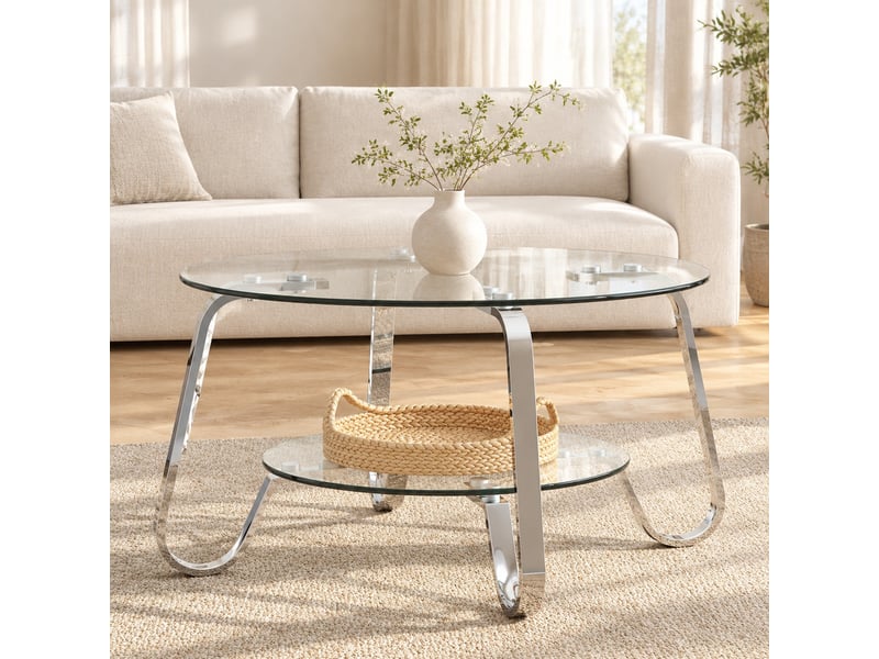  Table basse ronde à 2 niveaux 90.5x89.0x10.5 cm en métal et verre argenté  - Conforama D