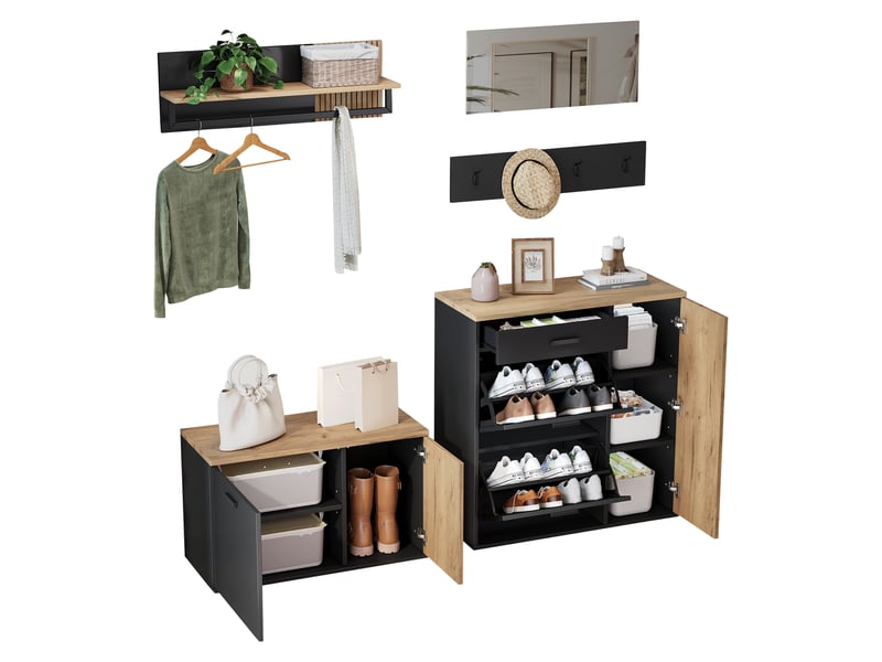  Meuble d’entrée 5 pièces avec rangement, banc à chaussures et miroir - lpospi - panneaux muraux, bois aggloméré naturel  - Conforama A