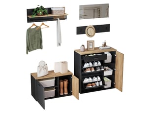 Meuble d’entrée 5 pièces avec rangement, banc à chaussures et miroir - panneaux muraux, bois aggloméré naturel