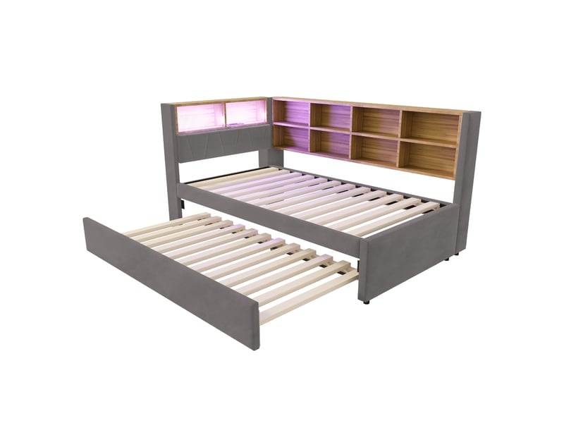  Lit gigogne 90 × 200 cm usb et usb-c, rangements en flanelle - gris foncé C-CRAFTLINK - Conforama D