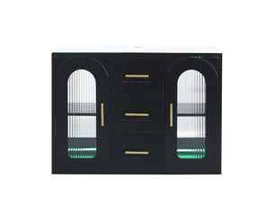Meuble vasque mural noir 76 cm avec lavabo, porte en verre strié, led et tiroirs