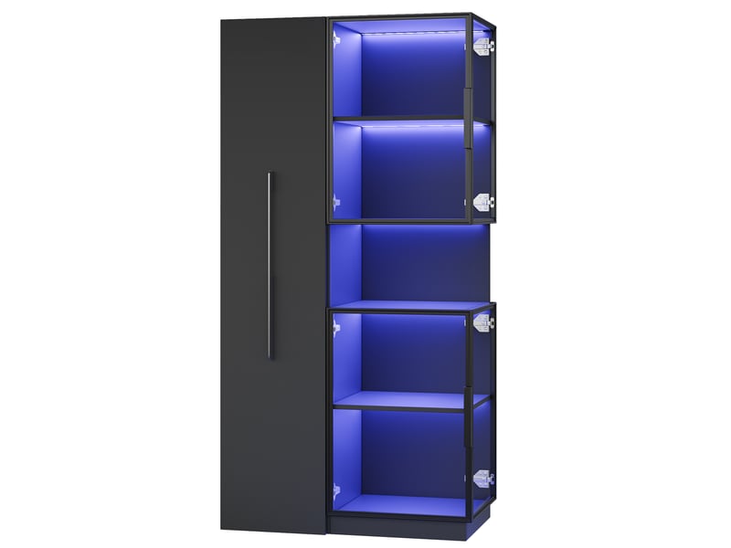  Vitrine haute 70 x 38 x 160 cm noire en mdf et verre, led réglable, rangements latéraux coulissants  - Conforama D