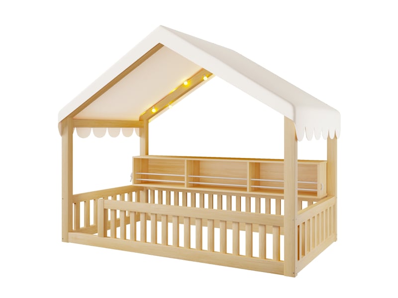 Lit cabane jeune 90x200 cm avec baldaquin, led et bibliothèque, bois naturel - Conforama R