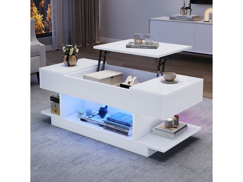  Table basse relevable blanche avec led, table de salon avec rangement caché et ouvert, hauteur réglable, 98x45x40cm  - Conforama C