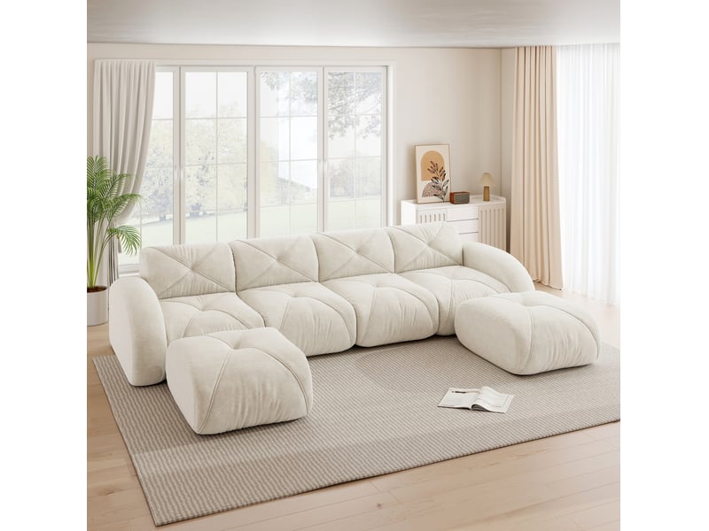 Canapé modulable panoramique 4 places en chenille beige clair avec 2 poufs - Conforama B