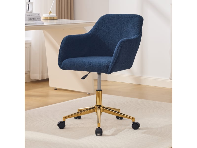  Chaise de bureau pivotante 360° réglable - lpospi - base dorée, tissu bouclette bleu foncé, 58 × 58 × 86 cm  - Conforama C