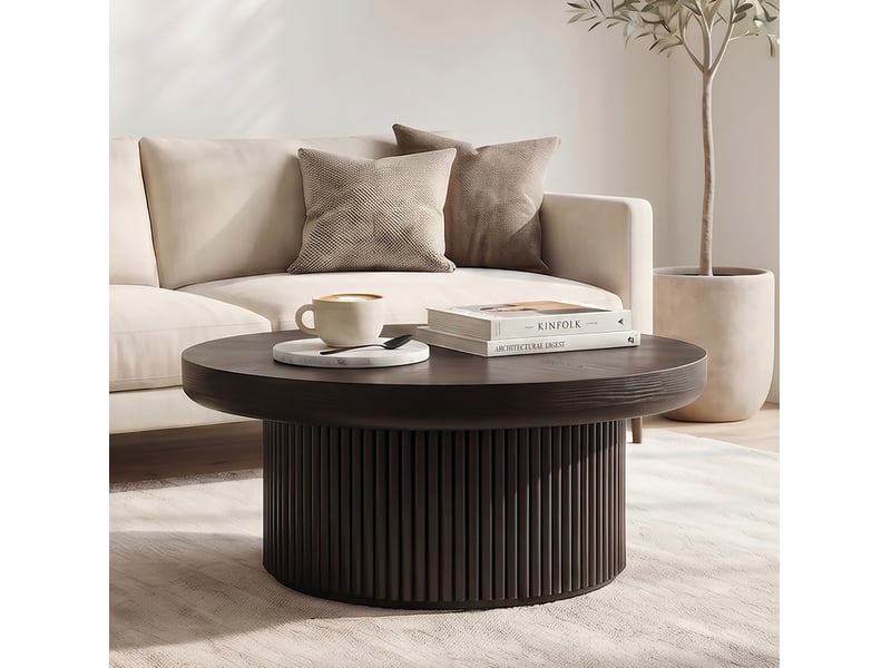  Table basse ronde 78 cm noire à plateau épais effet parquet et base cannelée  - Conforama B