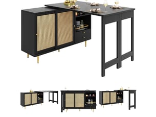 Table de bar extensible noire 107 × 40 × 71,4 cm, plateau pivotant 360°, longueur extensible, façades en rotin, niche ouverte