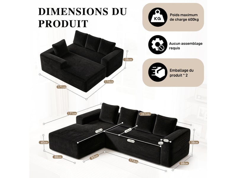 Canapé d'angle modulaire 4 places avec méridienne réversible, sans montage pour salon en velours côtelé noir - Conforama C