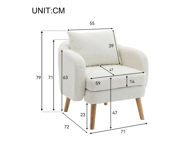 Fauteuil teddy blanc 1 place avec coussin, assise rembourrée en mousse et dossier haut, pour votre salon - Conforama C