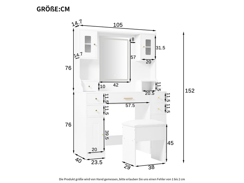  Grande coiffeuse avec miroir led 105x40x152cm prises usb | design moderne blanc 6 tiroirs et 4 portes | charge 50kg - blanc  - Conforama E