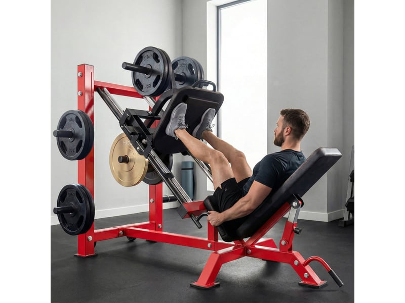  Presse à cuisses professionnelle machine musculation jambes et hack squat 455kg appareil réglable 185x120x140cm rouge  - Conforama D