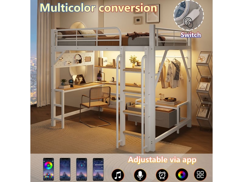 Lit enfant 140 x 200 cm structure en hauteur cadre en métal panneau perforé étagères multiples tiroirs en tissu bureau port usb barrière de sécurité barre de suspension éclairage led blanc - Conforama B