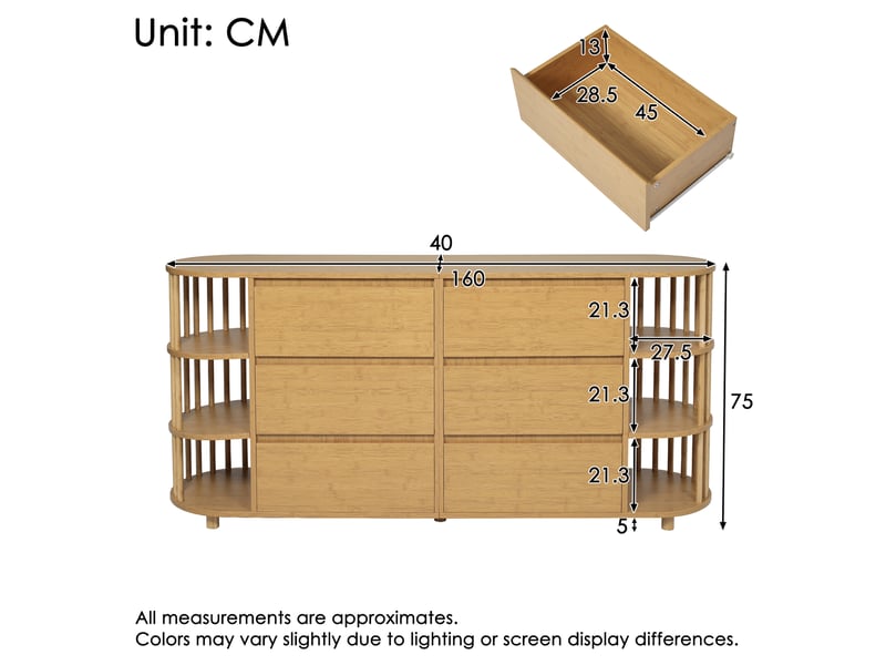 Buffet 160x40x75 cm avec 6 tiroirs et étagères ouvertes en bambou et mdf coloris chêne - Conforama E