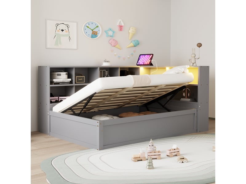  Lit banquette simple 90x200 cm en bois massif avec coffre hydraulique, prise et led, gris, matelas non précisé  - Conforama C