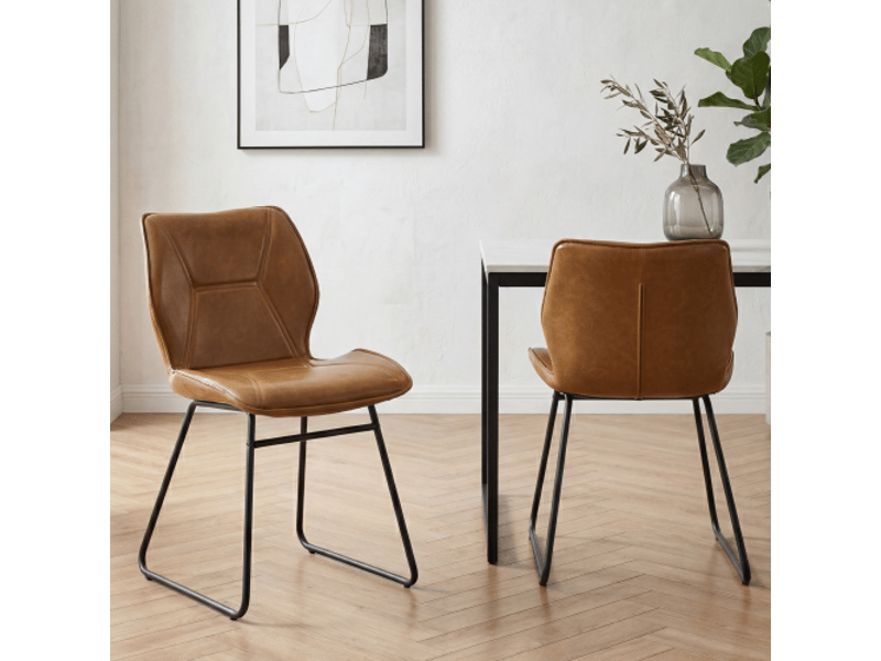  Chaises de salle à manger 2 pièces en similicuir cognac, piétement métal, rembourrées pour salon, bureau ou salle à manger  - Conforama E