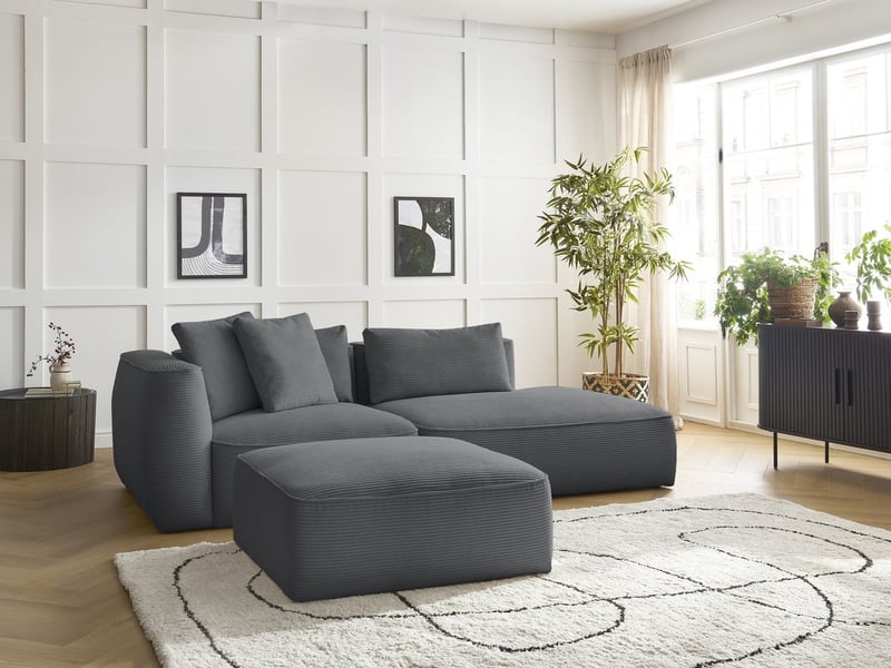  Bobochic canapé droit fixe 3 places leopold velours côtelé avec pouf gris foncé  accoudoir gauche LEOPOLD - Conforama D