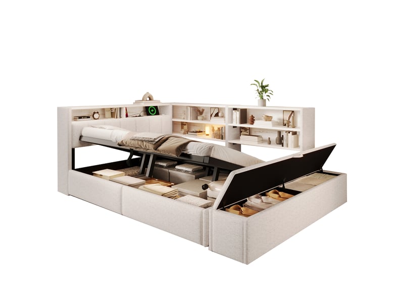  Canapé-lit coffre 140 x 200 cm - avec prise électrique - avec port usb - avec lumière led - tissu velours - blanc (matelas non inclus)  - Conforama A