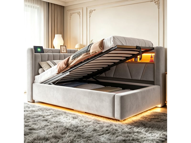 Lit banquette coffre 90x200cm avec levage hydraulique, led, usb, dossier avec rangements, accoudoir et velours gris pour chambre enfant et rangement  - Conforama C