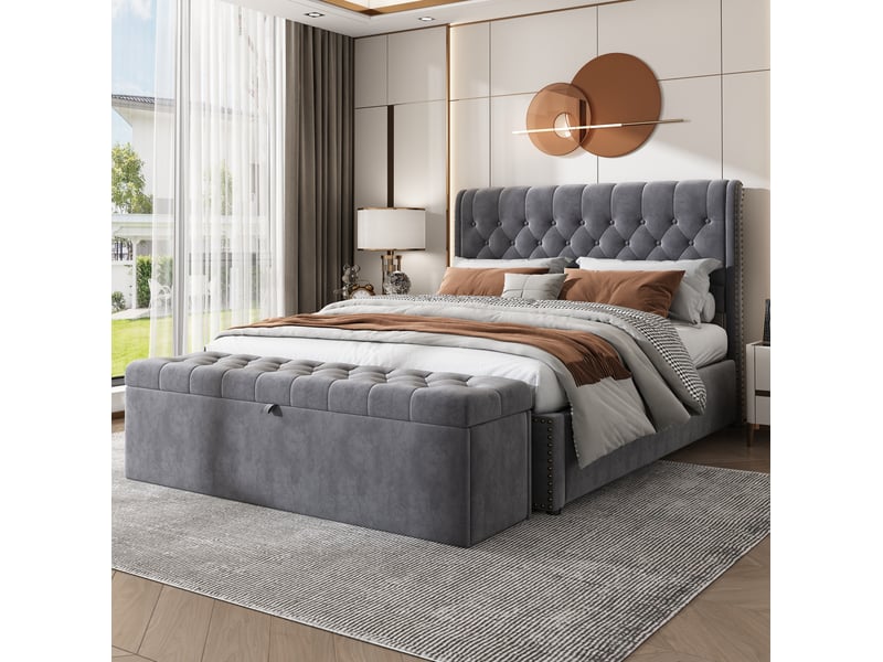  Banc coffre tcqpz en velours gris 138 x 41 x 42 cm avec rangement  - Conforama D