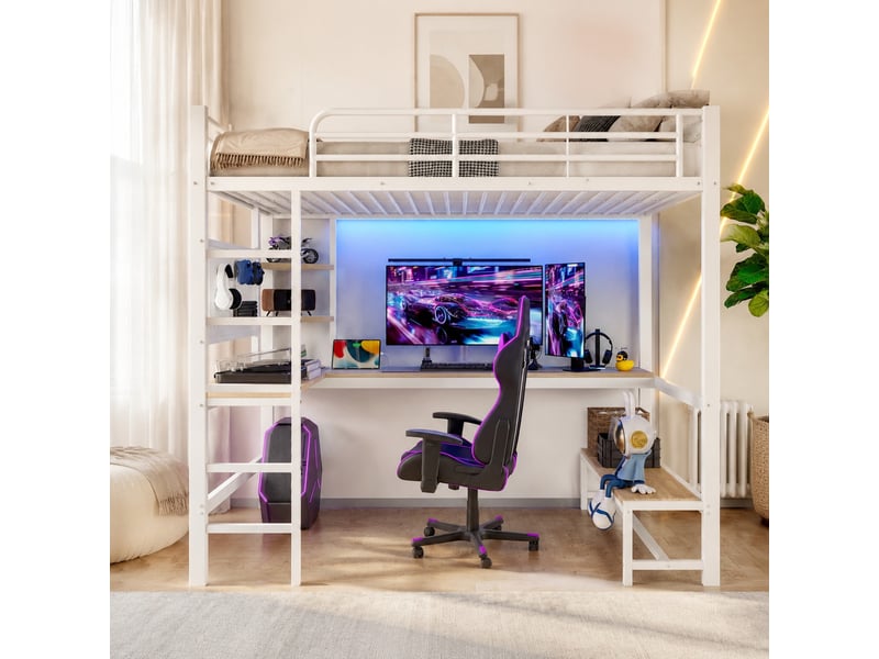  Lit mezzanine 90x200 cm avec bureau, led et prise usb type c en métal et mdf blanc  - Conforama C