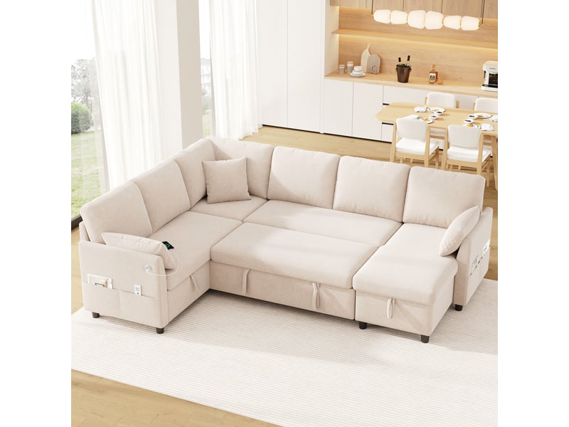 Canapé d'angle convertible en ul canapé modulable 6 places canapé-lit en lin avec coffre de rangement ports usb, beige - Conforama D