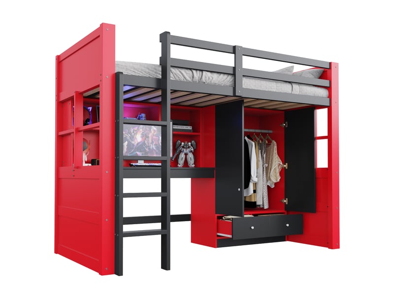  Lit mezzanine 90 × 200 cm avec bureau, armoire, tiroirs, rangements et échelle, style gaming noir et rouge  - Conforama A