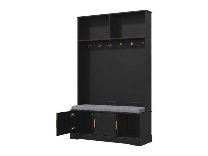  Portemanteau autoportant avec banc à chaussures - 6 crochets triples - noir - 120×40×191 cm - idéal entrée et couloir  - Conforama A