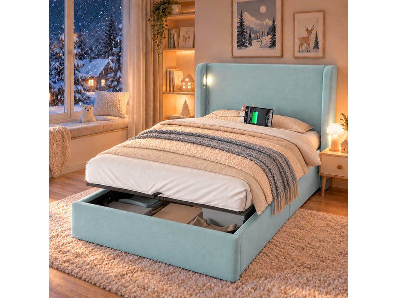 Lit coffre enfant 90x200 cm, sommier inclus, ouverture hydraulique, led, usb et type-c, velours bleu, sans matelas  - Conforama B