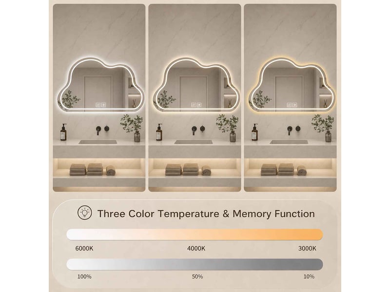 Miroir led 70 x 50 cm blanc en verre sans cuivre forme nuage éclairage réglable tactile anti buée pour salle de bain - Conforama D