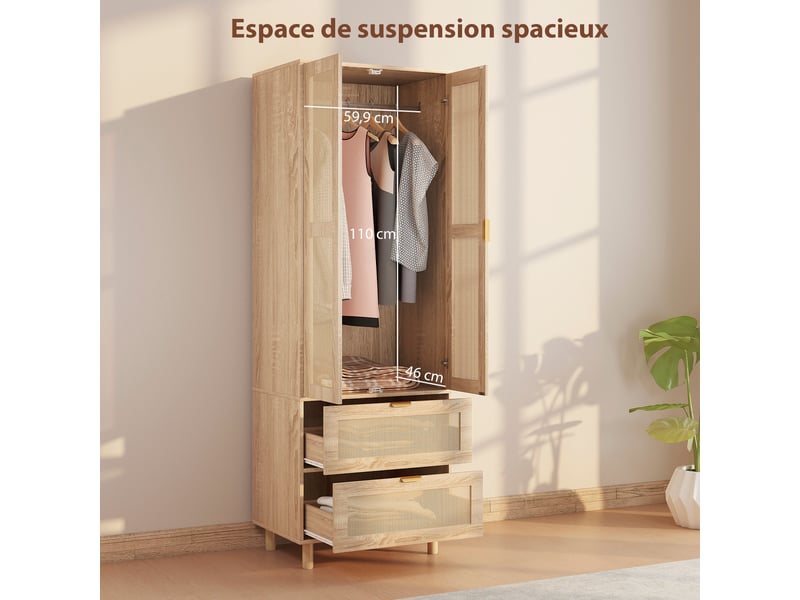  Armoire chambre penderie avec 2 portes en rotin, 2 tiroirs et barre de suspension, 63 x 47 x 185 cm, bois naturel  - Conforama E