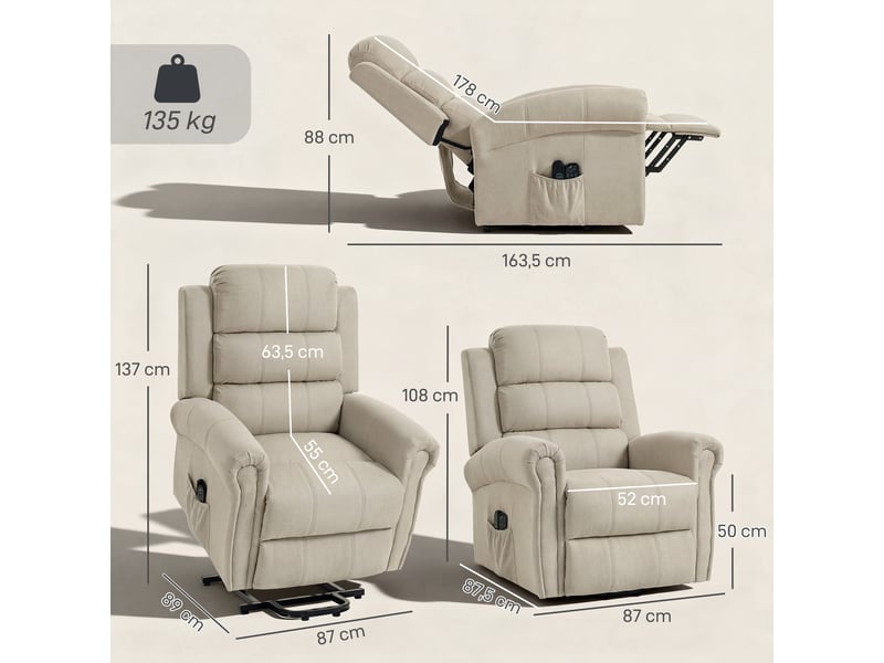  Fauteuil releveur électrique avec fonction massage et chauffage, 87.5x87x108cm, beige  - Conforama E