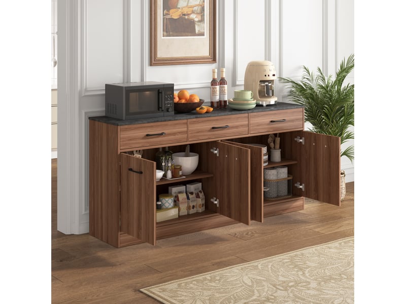  Buffet de cuisine modenvie 160 cm avec 3 tiroirs, 2 compartiments à étagères réglables, plateau aspect béton, finition bois foncé, 160 x 37 x 76,5 cm  - Conforama B
