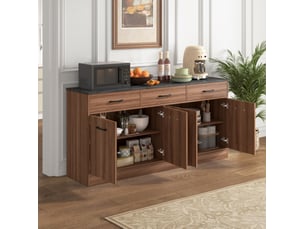 Buffet de cuisine modenvie 160 cm avec 3 tiroirs, 2 compartiments à étagères réglables, plateau aspect béton, finition bois foncé, 160 x 37 x 76,5 cm