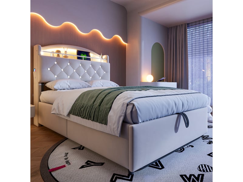  Lit coffre enfant rembourré en velours 90x200 cm, avec led, 3 usb, type-c, rangement dans la tête de lit et sommier métal, beige  - Conforama B