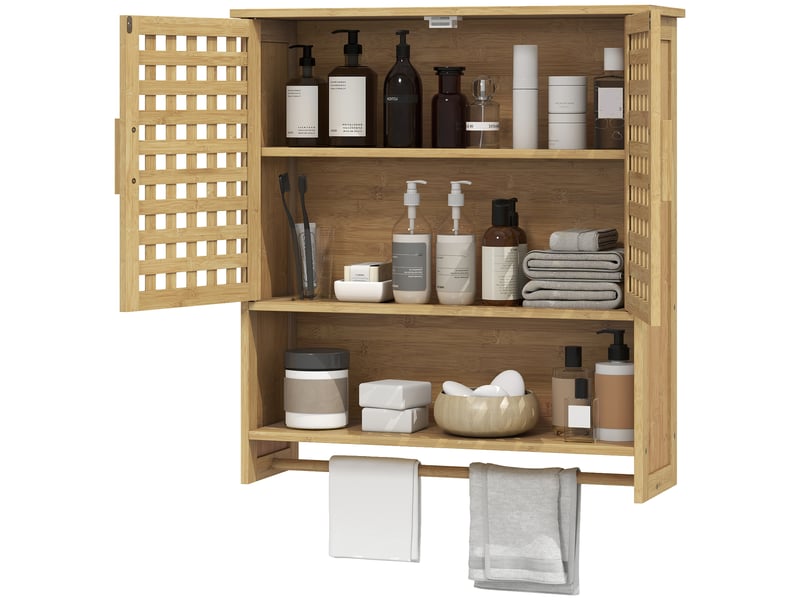  Armoire murale de salle de bain en bambou, 2 portes ajourées, étagère réglable, 62 x 20 x 66 cm  - Conforama B