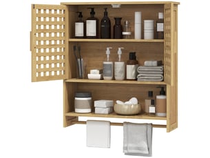 Armoire murale de salle de bain en bambou, 2 portes ajourées, étagère réglable, 62 x 20 x 66 cm