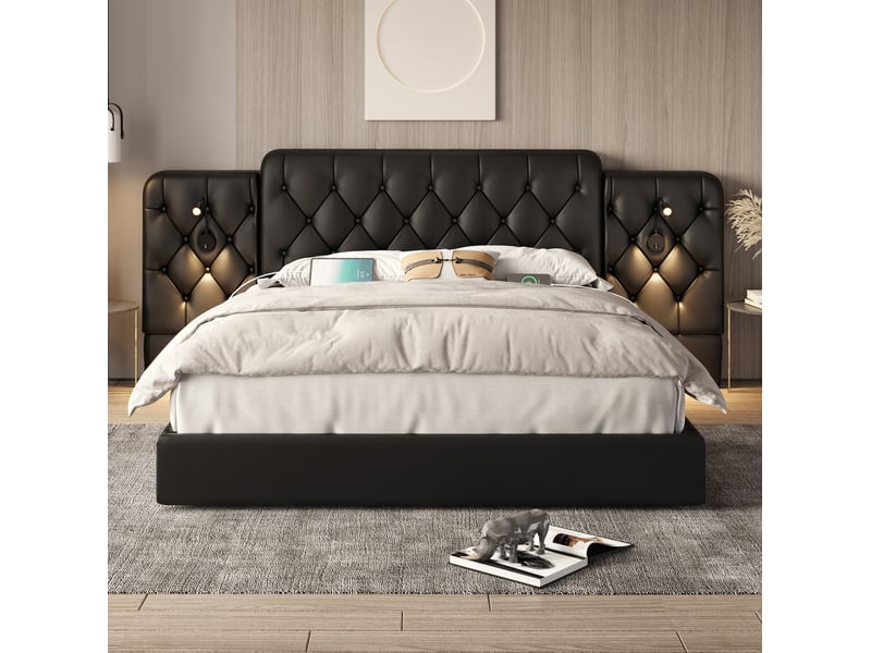  Lit coffre 160x200 cm noir en pu avec lampes de lecture et ports usb  - Conforama D
