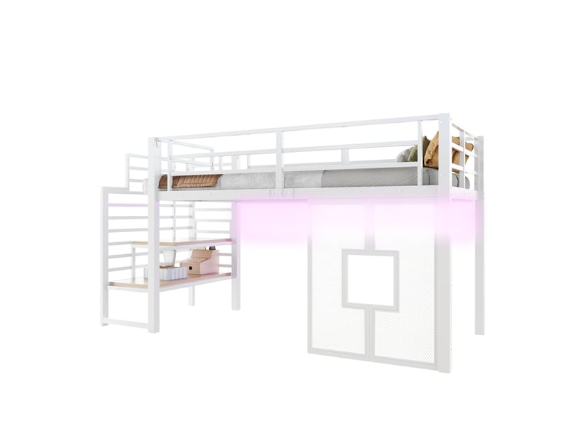  Lit mezzanine 90x200 cm métal et mdf blanc avec escalier, rangement et led  - Conforama A