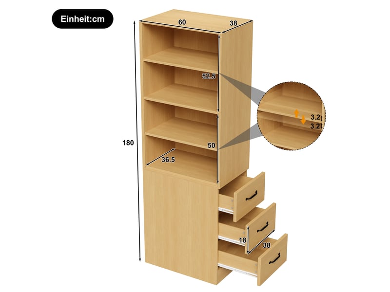  Bibliothèque 60x38x180 cm, tiroirs latéraux interchangeables gauche et droite, meuble salon et bureau, aggloméré, chêne  - Conforama C