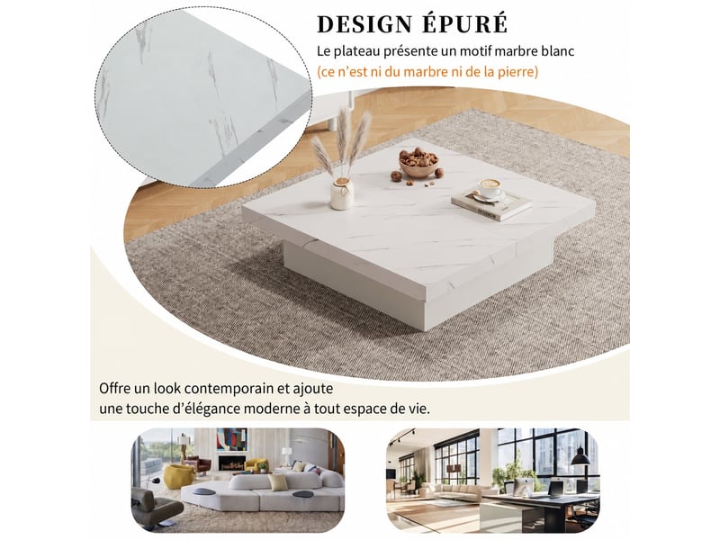  Table basse carrée blanche 90x90x25 cm, effet marbre, plateau coulissant, 4 tiroirs de rangement, meuble salon moderne  - Conforama D