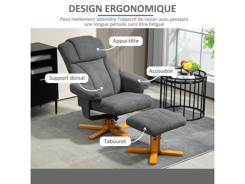  Fauteuil relax avec repose-pieds inclinable tissu velours gris foncé 79x80x104 cm  - Conforama E