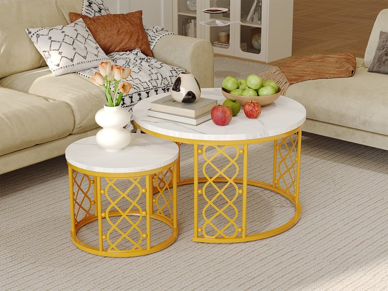  Tcqpz table basse lot de 2 70x70 cm mdf aspect marbre structure métal emboîtable  - Conforama B