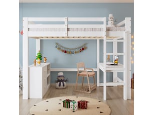 Lit mezzanine blanc 90x200cm avec rangement, bureau et étagères, échelle et tiroirs, gain de place - bois massif - pour enfant ado