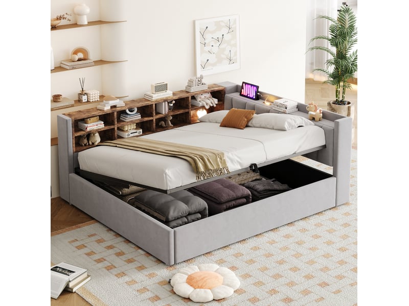  Lit coffre adulte 140x200 cm 2 places avec tête de lit, éclairage led, usb, type-c, rangement et revêtement velours gris clair, sans matelas  - Conforama B