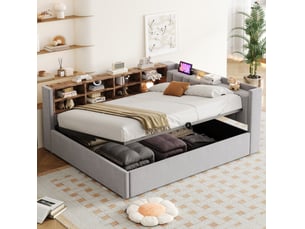 Lit coffre adulte 140x200 cm 2 places avec tête de lit, éclairage led, usb, type-c, rangement et revêtement velours gris clair, sans matelas
