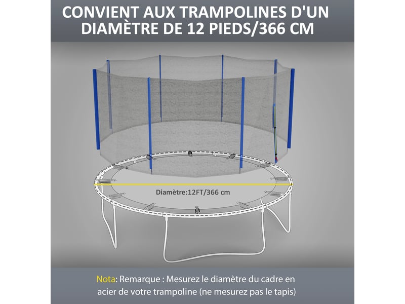  Filet de remplacement pour trampolines ø 366 cm 8 poteaux droits filet de sécurité pour trampolines, entrée zippée  - Conforama D