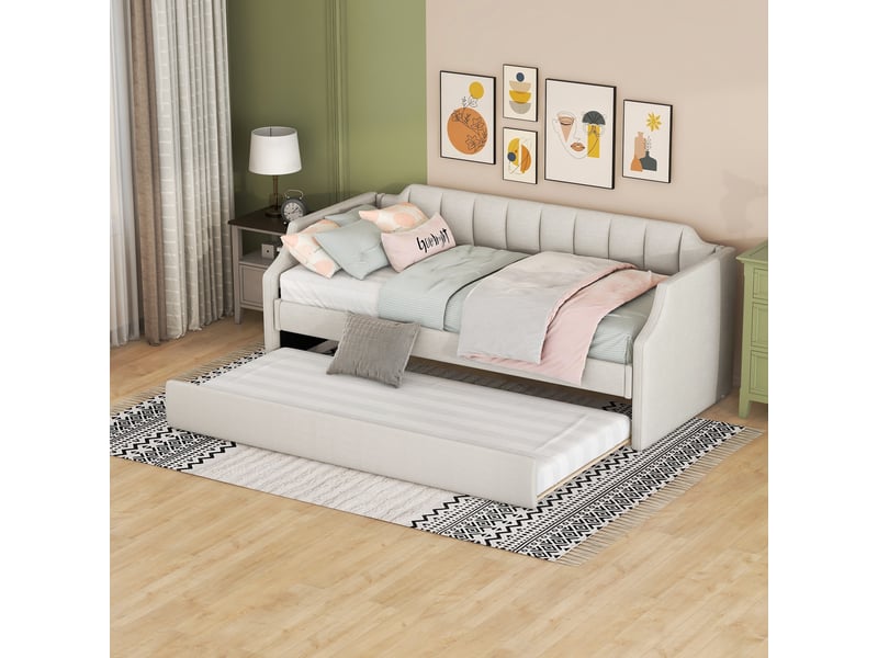 Lit banquette simple 90×200 cm avec lit gigogne 90×190 cm - sans matelas, lin coton beige - Conforama B